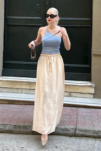 Bej Beli Lastikli Uzun Kadın Etek MG1979
