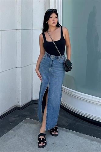 Mavi Önü Yırtmaçlı Kadın Kot Etek Mg2517