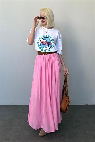 Pembe Vual Kumaş Basic Kadın Uzun Boy Kadın Etek Mg2366