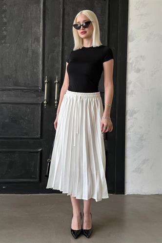 Ekru Pileli Midi Boy Kadın Etek Mg2393