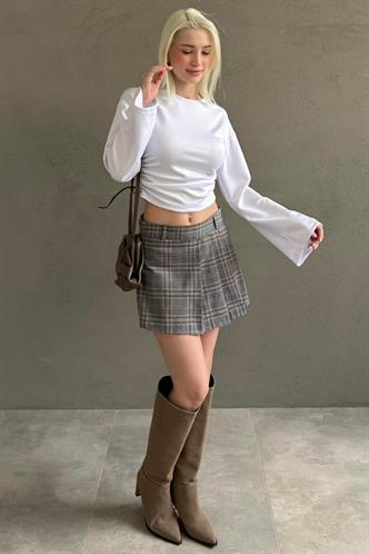 Gri %100Pamuklu Ekose Desen Pileli Mini Şort Etek MG2629