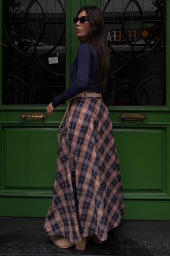 Lacivert Ekose Desen Kemerli Uzun Etek MG2635