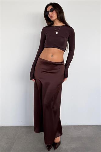 Acı Kahve Saten Midi Boy Şık Kadın Etek MG2637