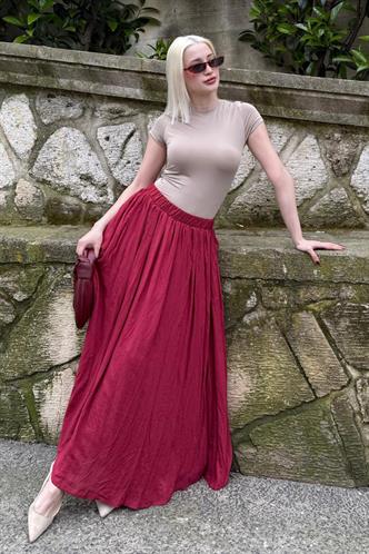Bordo Vual Kumaş Basic Kadın Uzun Boy Kadın Etek Mg2366