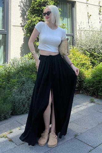 Siyah Beli Lastikli Yırtmaçlı Uzun Kadın Etek MG2062