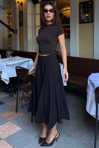 Kahve/Siyah Kare Desenli Midi Kadın Etek MG2617