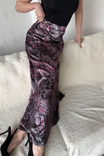 Lila Desenli Saten Kadın Uzun Etek Mg2333