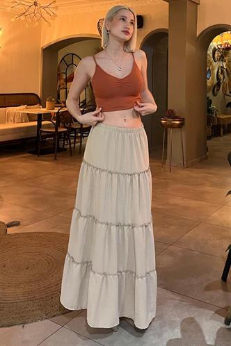 Bej Basic Pileli Kadın Uzun Etek