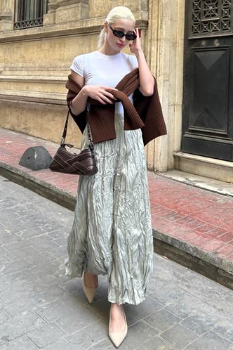 Parlak Mint Yeşili Kırışık Desen Kadın Etek MG2290