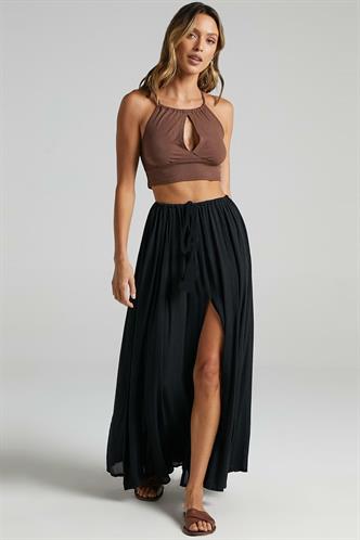 Siyah Beli Lastikli Yırtmaçlı Uzun Kadın Etek MG2062