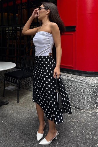 Siyah Puantiyeli Asimetrik Kadın Etek MG2785