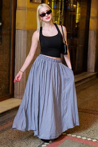 Gri Vual Kumaş Basic Kadın Uzun Boy Kadın Etek Mg2366