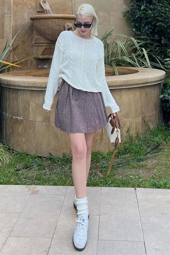 Bordo Ekose Desen Kadın Pileli Etek MG2248