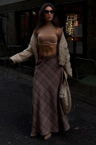 Vizon Ekose Desenli Cepli Kemerli Uzun Kadın Etek MG2636