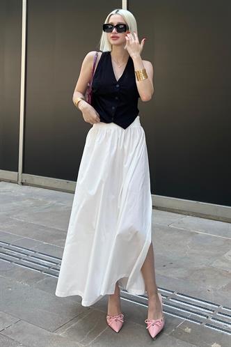 Beyaz Basic Yırtmaçlı Midi Etek MG2092