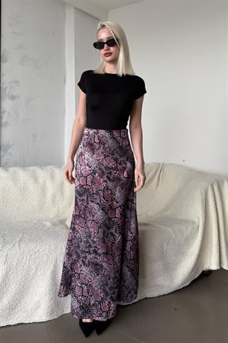 Lila Desenli Saten Kadın Uzun Etek Mg2333