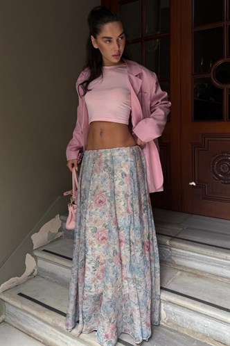 Ekru Çiçek Desenli Vintage Şifon Maxi Etek MG2776