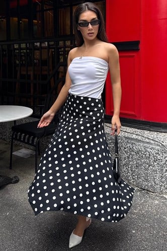 Siyah Puantiyeli Asimetrik Kadın Etek MG2785