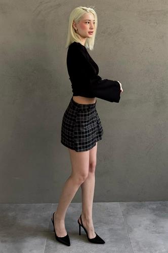 Siyah %100Pamuklu Ekose Desen Pileli Mini Şort Etek MG2629