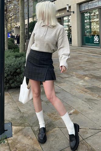 Antrasit Ekoseli Kadın Şort Etek MG2316