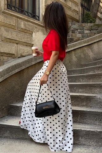 Beyaz Puantiyeli Maxi Kadın Saten Etek MG2725