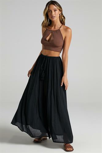 Siyah Beli Lastikli Yırtmaçlı Uzun Kadın Etek MG2062