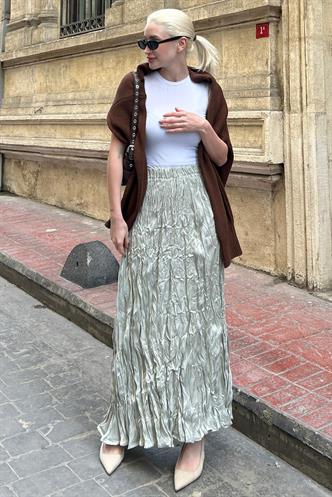 Parlak Mint Yeşili Kırışık Desen Kadın Etek MG2290