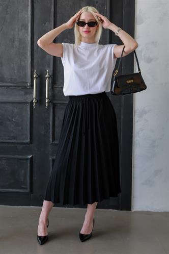 Siyah Pileli Midi Boy Kadın Etek Mg2393