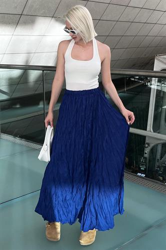 Lacivert Beli Lastikli Buruşuk Mikro Uzun Kadın Etek MG2155