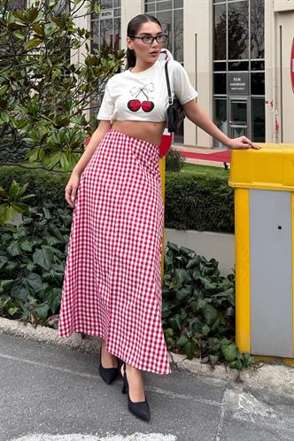 Kırmızı Pötikareli Midi Boy Kadın Etek Mg2360