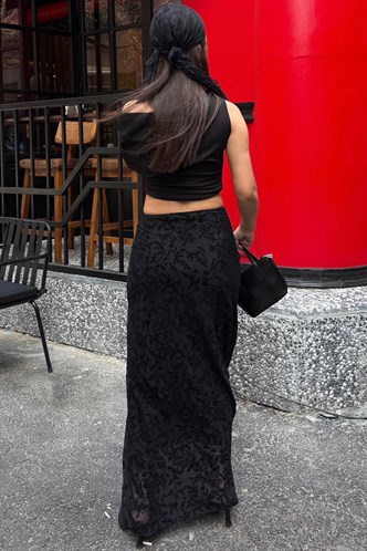 Siyah Flok Baskılı Tül Etek MG2711