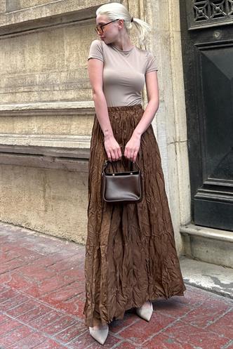 Kahverengi Kırışık Desen Midi Boy Kadın Etek MG2266