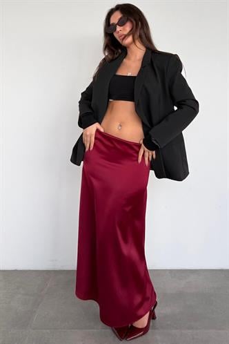 Bordo Saten Midi Boy Şık Kadın Etek MG2637