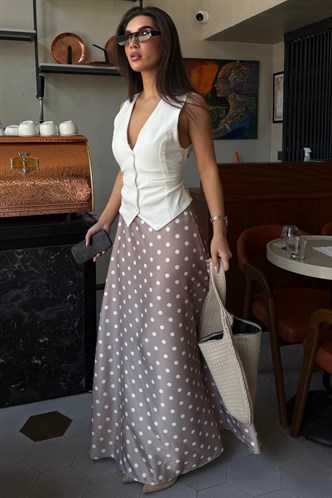 Bej Puantiyeli Maxi Kadın Saten Etek MG2725