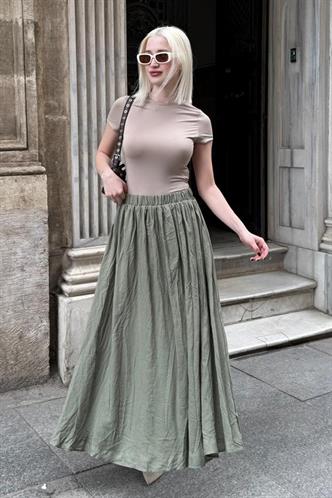 Yeşil Vual Kumaş Basic Kadın Uzun Boy Kadın Etek Mg2366