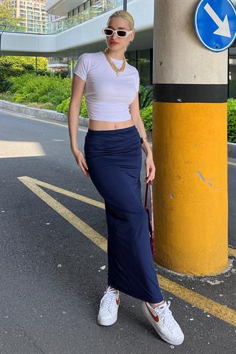 Lacivert Yandan Büzgülü Maxi Etek MG2085