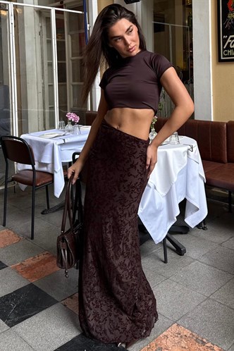 Kahverengi Flok Baskılı Tül Etek MG2711