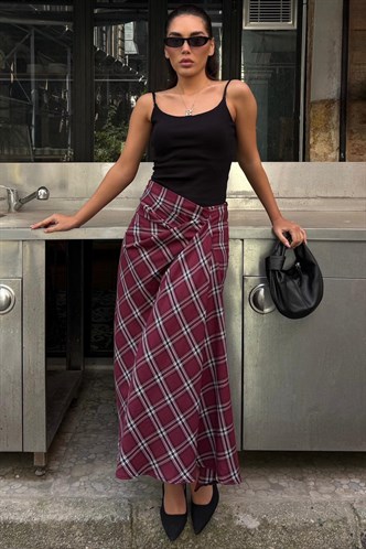 Bordo Ekose Desenli Yırtmaç Detaylı Kruvaze Midi Kadın Etek MG2690