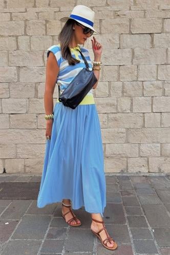 Bebe Mavisi Vual Kumaş Basic Kadın Uzun Boy Kadın Etek Mg2366