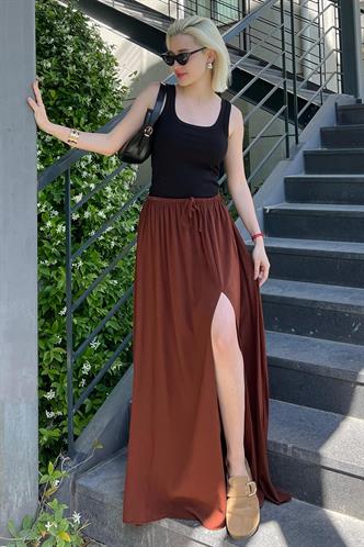 Kahverengi Beli Lastikli Yırtmaçlı Uzun Kadın Etek MG2062