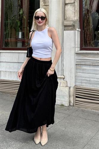 Siyah Vual Kumaş Basic Kadın Uzun Boy Kadın Etek Mg2366