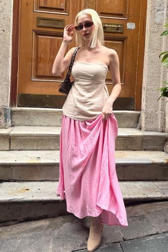 Pembe Vual Kumaş Basic Kadın Uzun Boy Kadın Etek Mg2366