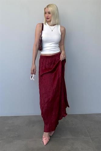 Bordo Kırışık Desen Kadın Saten Etek Mg2468