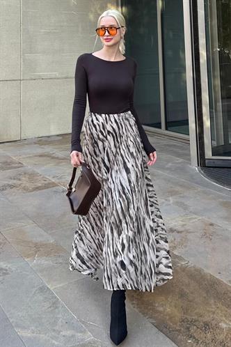  Gri Zebra Desen Kadın Midi Etek MG2265