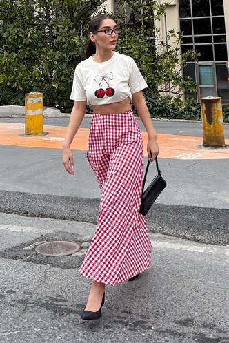 Kırmızı Pötikareli Midi Boy Kadın Etek Mg2360