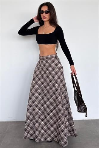 Kahverengi Ekose Desen Uzun Boy Etek MG2648