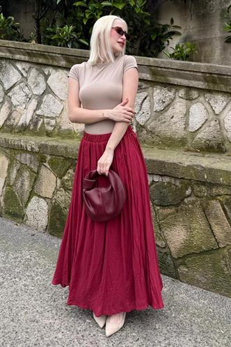 Bordo Vual Kumaş Basic Kadın Uzun Boy Kadın Etek Mg2366