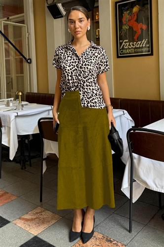 Yağ Yeşili Süet Uzun Etek Mg2549