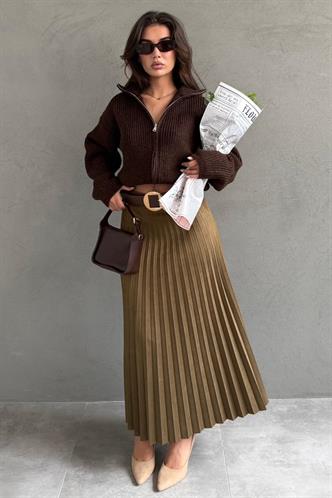 Haki Pileli Kemerli Uzun Süet Kadın Etek MG2576