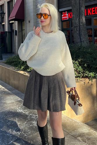 Bej Ekose Desen Kadın Pileli Etek MG2248